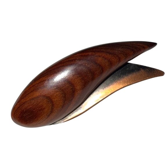 Vintage Wooden & Copper-Tone Brooch Flame Design Handcrafted Accent Piece - Picture 10 of 10